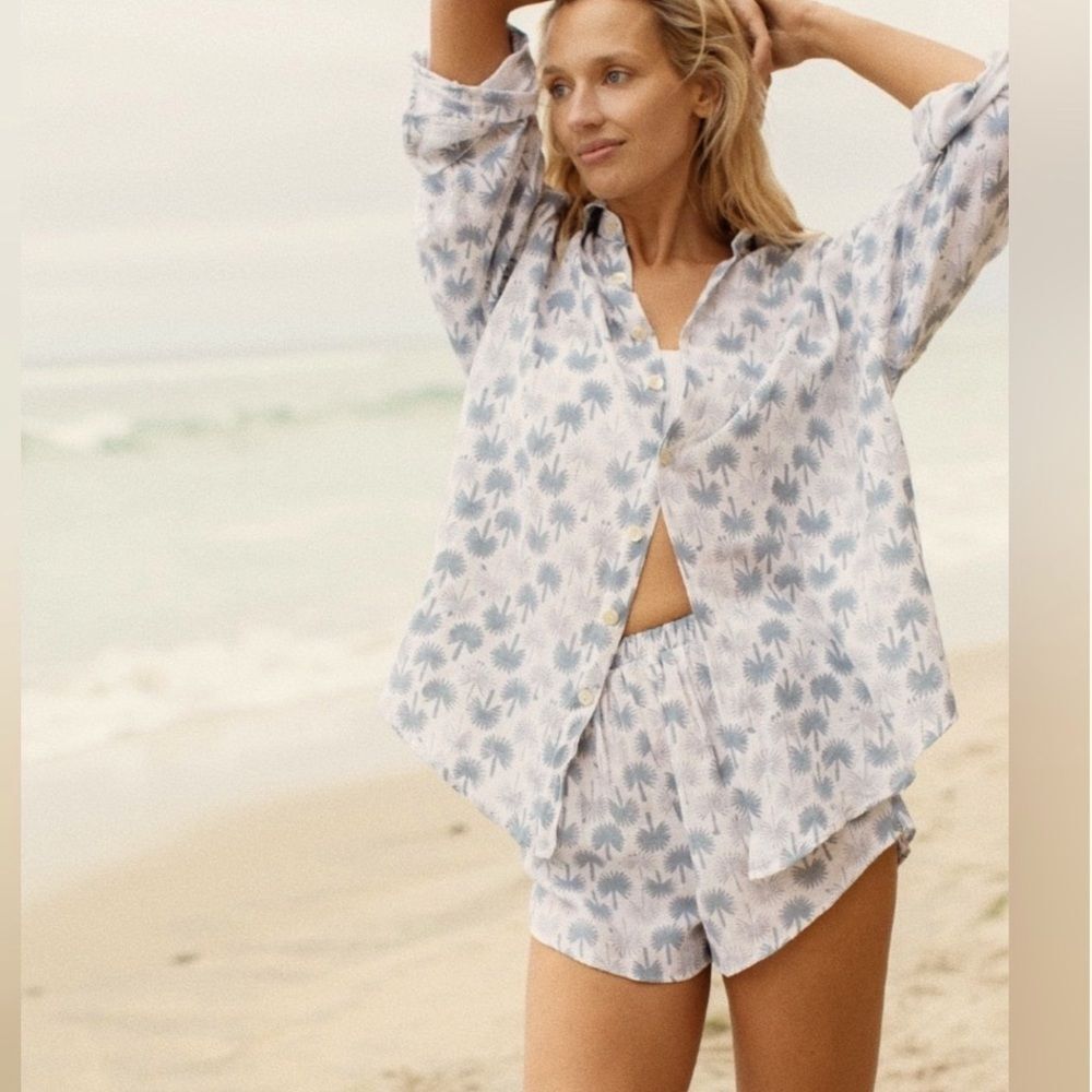 MAREA by Liz Joy Cotton Gauze Palm Tree Button Down Shirt